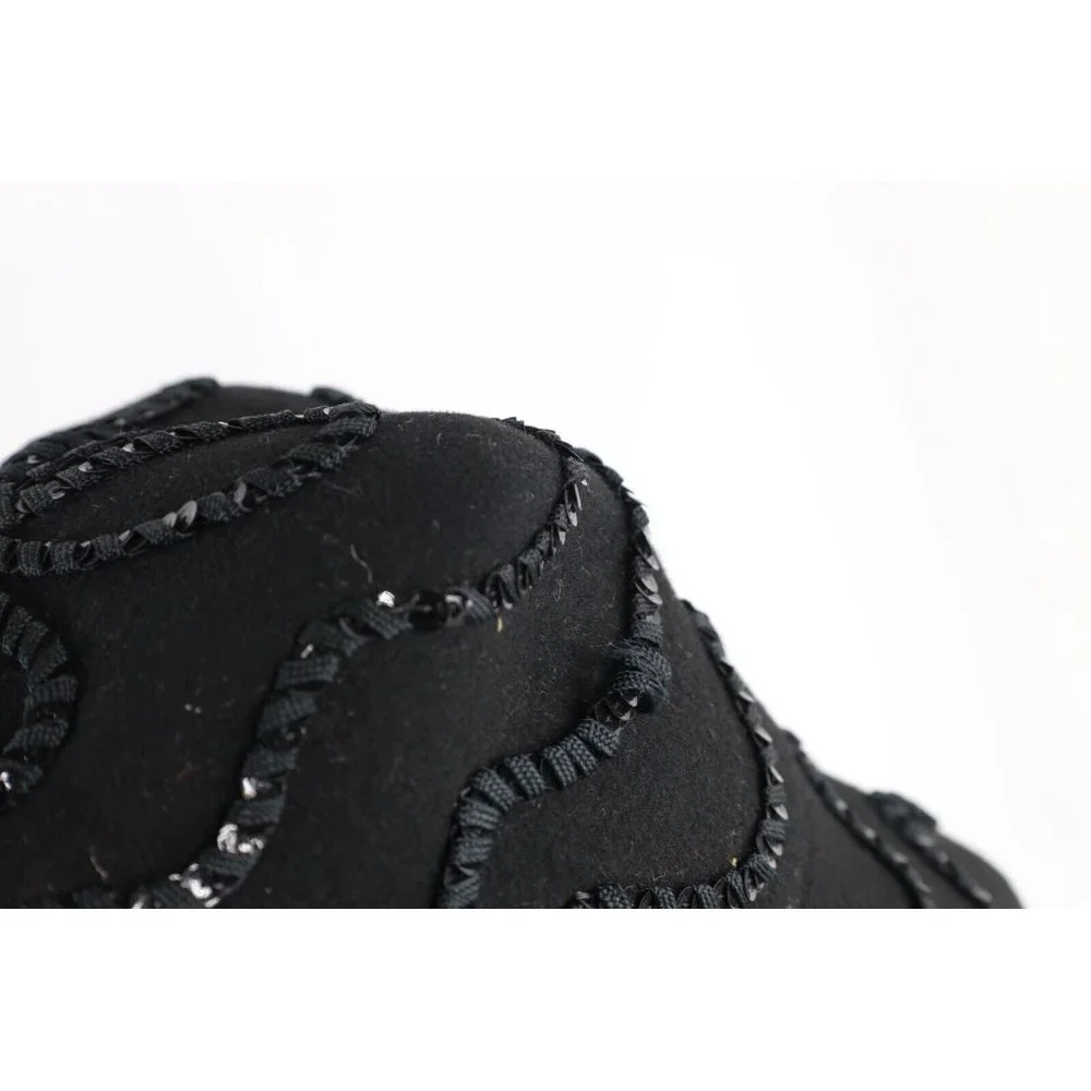 Vintage 50s Rockabilly Wool Felt Sequined Flower Bucket Hat Cap Black Womens USA - Picture 7 of 9